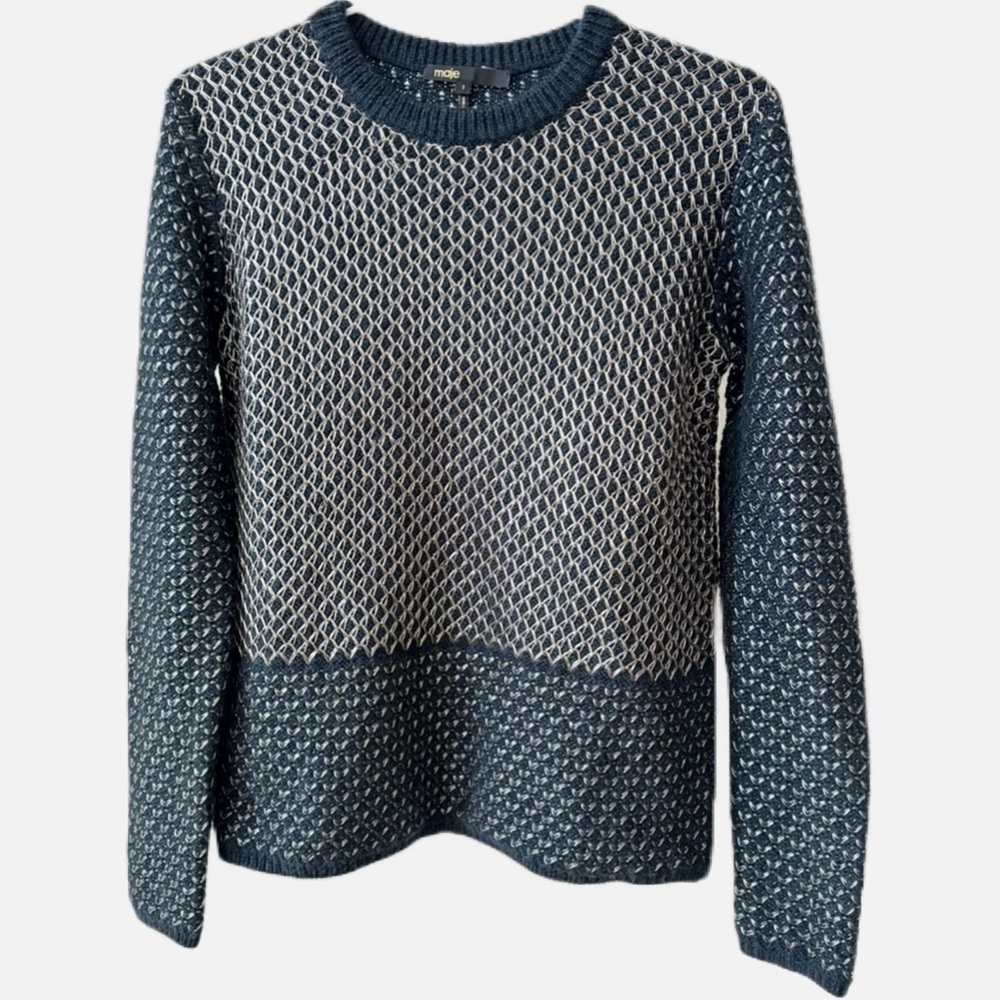 Maje Metallic Angora Wool Blend Crew Neck Long Sleeve Sweater Navy & Gold Size 1